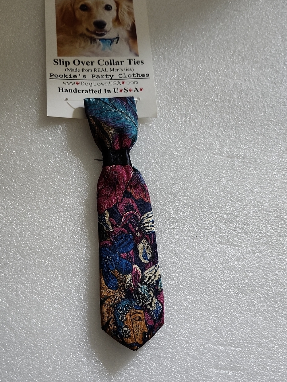Hand Crafted Floral Slip-Over Dog Collar Tie in Blue, Pink & Gold